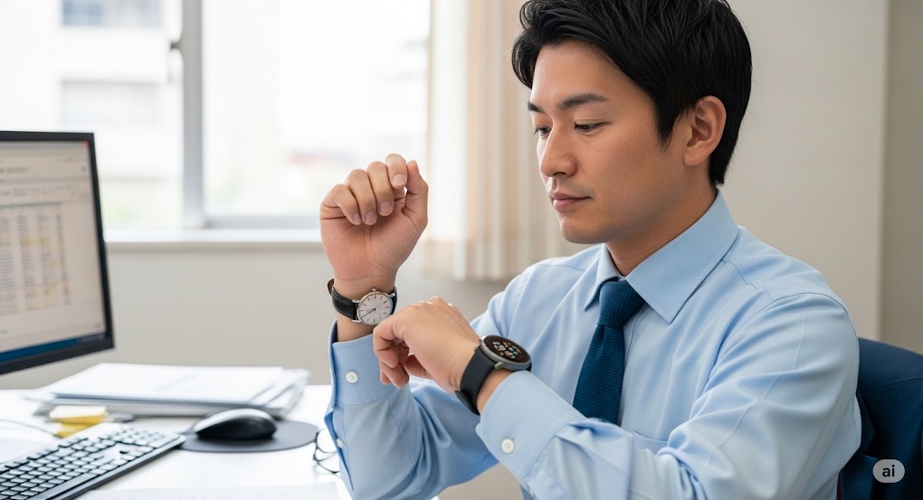 左手に時計右手にスマートウォッチの印象